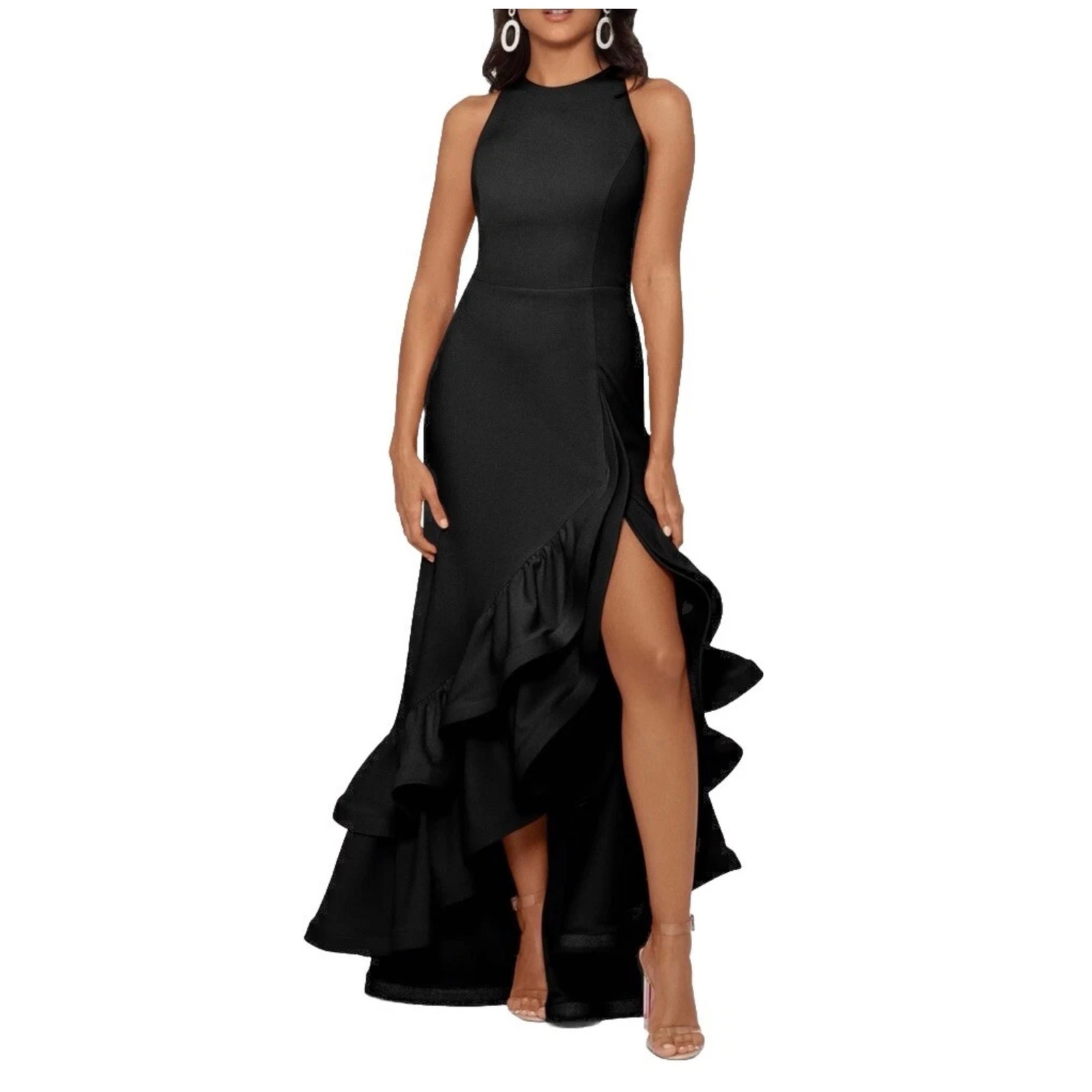 Betsy & Adam Arielle Ruffle Halter Crepe Gown - Size 12 (Nwot)